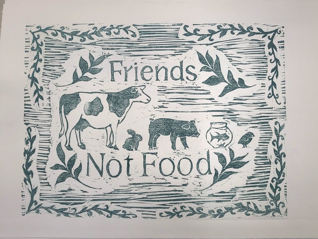 “Friends Not Food”, Printmaking, 2024.
